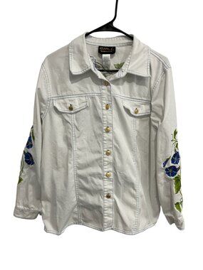 Bob Mackie Large White Denim Button Up Shirt Blue Floral Embroidery Whimsical